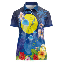 Palau Jellyfish Women Polo Shirt Ocean Heritage Tropical Plants LT03 Female Blue - Polynesian Pride