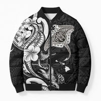 Hawaiian Manta Rays Bomber Puffer Jacket Tribal Hibiscus Polynesian Tattoos Black Color - Polynesian Pride
