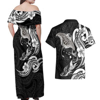Hawaiian Manta Rays Couples Matching Off Shoulder Maxi Dress and Hawaiian Shirt Tribal Hibiscus Polynesian Tattoos Black Color - Polynesian Pride