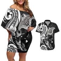 Hawaiian Manta Rays Couples Matching Off Shoulder Short Dress and Hawaiian Shirt Tribal Hibiscus Polynesian Tattoos Black Color - Polynesian Pride