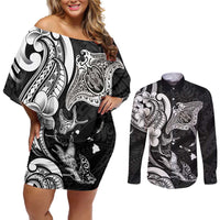 Hawaiian Manta Rays Couples Matching Off Shoulder Short Dress and Long Sleeve Button Shirt Tribal Hibiscus Polynesian Tattoos Black Color - Polynesian Pride