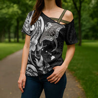 Hawaiian Manta Rays Cross Shoulder Shirt Tribal Hibiscus Polynesian Tattoos Black Color - Polynesian Pride