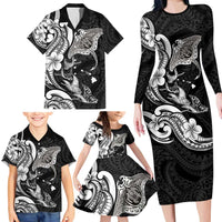 Hawaiian Manta Rays Family Matching Long Sleeve Bodycon Dress and Hawaiian Shirt Tribal Hibiscus Polynesian Tattoos Black Color - Polynesian Pride