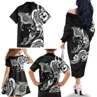 Hawaiian Manta Rays Family Matching Off The Shoulder Long Sleeve Dress and Hawaiian Shirt Tribal Hibiscus Polynesian Tattoos Black Color - Polynesian Pride