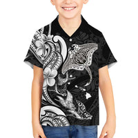 Hawaiian Manta Rays Family Matching Off The Shoulder Long Sleeve Dress and Hawaiian Shirt Tribal Hibiscus Polynesian Tattoos Black Color - Polynesian Pride