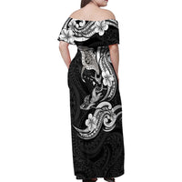 Hawaiian Manta Rays Family Matching Off Shoulder Maxi Dress and Hawaiian Shirt Tribal Hibiscus Polynesian Tattoos Black Color - Polynesian Pride