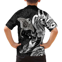 Hawaiian Manta Rays Family Matching Off Shoulder Short Dress and Hawaiian Shirt Tribal Hibiscus Polynesian Tattoos Black Color - Polynesian Pride