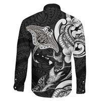 Hawaiian Manta Rays Family Matching Off Shoulder Short Dress and Hawaiian Shirt Tribal Hibiscus Polynesian Tattoos Black Color - Polynesian Pride
