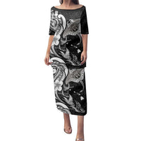 Hawaiian Manta Rays Family Matching Puletasi and Hawaiian Shirt Tribal Hibiscus Polynesian Tattoos Black Color - Polynesian Pride