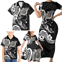 Hawaiian Manta Rays Family Matching Short Sleeve Bodycon Dress and Hawaiian Shirt Tribal Hibiscus Polynesian Tattoos Black Color - Polynesian Pride