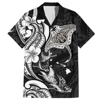 Hawaiian Manta Rays Family Matching Short Sleeve Bodycon Dress and Hawaiian Shirt Tribal Hibiscus Polynesian Tattoos Black Color - Polynesian Pride