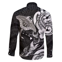 Hawaiian Manta Rays Family Matching Short Sleeve Bodycon Dress and Hawaiian Shirt Tribal Hibiscus Polynesian Tattoos Black Color - Polynesian Pride