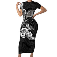 Hawaiian Manta Rays Family Matching Short Sleeve Bodycon Dress and Hawaiian Shirt Tribal Hibiscus Polynesian Tattoos Black Color - Polynesian Pride