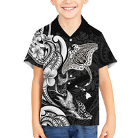 Hawaiian Manta Rays Family Matching Short Sleeve Bodycon Dress and Hawaiian Shirt Tribal Hibiscus Polynesian Tattoos Black Color - Polynesian Pride