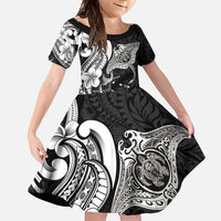 Hawaiian Manta Rays Family Matching Summer Maxi Dress and Hawaiian Shirt Tribal Hibiscus Polynesian Tattoos Black Color - Polynesian Pride