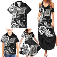 Hawaiian Manta Rays Family Matching Summer Maxi Dress and Hawaiian Shirt Tribal Hibiscus Polynesian Tattoos Black Color - Polynesian Pride