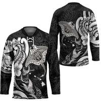 Hawaiian Manta Rays Hockey Jersey Tribal Hibiscus Polynesian Tattoos Black Color - Polynesian Pride