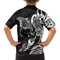 Hawaiian Manta Rays Kid Hawaiian Shirt Tribal Hibiscus Polynesian Tattoos Black Color - Polynesian Pride