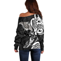 Hawaiian Manta Rays Off Shoulder Sweater Tribal Hibiscus Polynesian Tattoos Black Color - Polynesian Pride