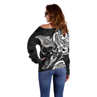 Hawaiian Manta Rays Off Shoulder Sweater Tribal Hibiscus Polynesian Tattoos Black Color - Polynesian Pride