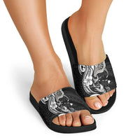 Hawaiian Manta Rays Slide Sandals Tribal Hibiscus Polynesian Tattoos Black Color - Polynesian Pride