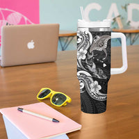 Hawaiian Manta Rays Tumbler With Handle Tribal Hibiscus Polynesian Tattoos Black Color - Polynesian Pride