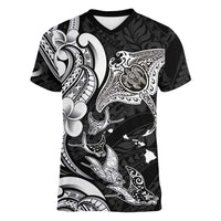 Hawaiian Manta Rays Women V-Neck T-Shirt Tribal Hibiscus Polynesian Tattoos Black Color - Polynesian Pride