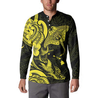 Hawaiian Manta Rays Button Sweatshirt Tribal Hibiscus Polynesian Tattoos Yellow Color LT03 - Polynesian Pride