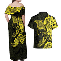 Hawaiian Manta Rays Couples Matching Off Shoulder Maxi Dress and Hawaiian Shirt Tribal Hibiscus Polynesian Tattoos Yellow Color - Polynesian Pride