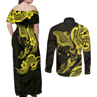 Hawaiian Manta Rays Couples Matching Off Shoulder Maxi Dress and Long Sleeve Button Shirt Tribal Hibiscus Polynesian Tattoos Yellow Color - Polynesian Pride