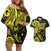 Hawaiian Manta Rays Couples Matching Off Shoulder Short Dress and Hawaiian Shirt Tribal Hibiscus Polynesian Tattoos Yellow Color LT03 Yellow - Polynesian Pride