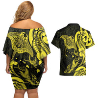 Hawaiian Manta Rays Couples Matching Off Shoulder Short Dress and Hawaiian Shirt Tribal Hibiscus Polynesian Tattoos Yellow Color LT03 - Polynesian Pride
