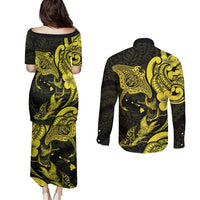 Hawaiian Manta Rays Couples Matching Puletasi and Long Sleeve Button Shirt Tribal Hibiscus Polynesian Tattoos Yellow Color - Polynesian Pride