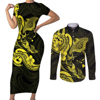 Hawaiian Manta Rays Couples Matching Short Sleeve Bodycon Dress and Long Sleeve Button Shirt Tribal Hibiscus Polynesian Tattoos Yellow Color - Polynesian Pride