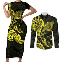 Hawaiian Manta Rays Couples Matching Short Sleeve Bodycon Dress and Long Sleeve Button Shirt Tribal Hibiscus Polynesian Tattoos Yellow Color - Polynesian Pride