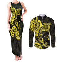 Hawaiian Manta Rays Couples Matching Tank Maxi Dress and Long Sleeve Button Shirt Tribal Hibiscus Polynesian Tattoos Yellow Color - Polynesian Pride