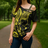 Hawaiian Manta Rays Cross Shoulder Shirt Tribal Hibiscus Polynesian Tattoos Yellow Color - Polynesian Pride