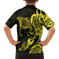 Hawaiian Manta Rays Family Matching Long Sleeve Bodycon Dress and Hawaiian Shirt Tribal Hibiscus Polynesian Tattoos Yellow Color - Polynesian Pride