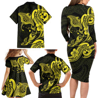 Hawaiian Manta Rays Family Matching Long Sleeve Bodycon Dress and Hawaiian Shirt Tribal Hibiscus Polynesian Tattoos Yellow Color - Polynesian Pride
