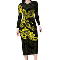 Hawaiian Manta Rays Family Matching Long Sleeve Bodycon Dress and Hawaiian Shirt Tribal Hibiscus Polynesian Tattoos Yellow Color - Polynesian Pride