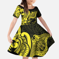 Hawaiian Manta Rays Family Matching Off The Shoulder Long Sleeve Dress and Hawaiian Shirt Tribal Hibiscus Polynesian Tattoos Yellow Color - Polynesian Pride