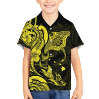 Hawaiian Manta Rays Family Matching Off The Shoulder Long Sleeve Dress and Hawaiian Shirt Tribal Hibiscus Polynesian Tattoos Yellow Color - Polynesian Pride