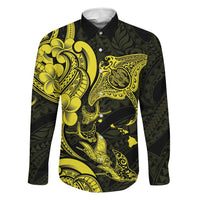 Hawaiian Manta Rays Family Matching Off Shoulder Maxi Dress and Hawaiian Shirt Tribal Hibiscus Polynesian Tattoos Yellow Color - Polynesian Pride