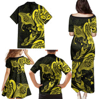 Hawaiian Manta Rays Family Matching Puletasi and Hawaiian Shirt Tribal Hibiscus Polynesian Tattoos Yellow Color - Polynesian Pride
