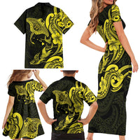 Hawaiian Manta Rays Family Matching Short Sleeve Bodycon Dress and Hawaiian Shirt Tribal Hibiscus Polynesian Tattoos Yellow Color - Polynesian Pride