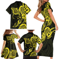 Hawaiian Manta Rays Family Matching Short Sleeve Bodycon Dress and Hawaiian Shirt Tribal Hibiscus Polynesian Tattoos Yellow Color - Polynesian Pride