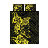 Hawaiian Manta Rays Quilt Bed Set Tribal Hibiscus Polynesian Tattoos Yellow Color - Polynesian Pride
