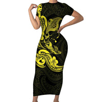 Hawaiian Manta Rays Short Sleeve Bodycon Dress Tribal Hibiscus Polynesian Tattoos Yellow Color - Polynesian Pride