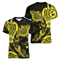 Hawaiian Manta Rays Women V-Neck T-Shirt Tribal Hibiscus Polynesian Tattoos Yellow Color - Polynesian Pride