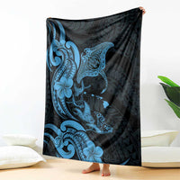 Hawaiian Manta Rays Blanket Tribal Hibiscus Polynesian Tattoos Blue Color LT03 - Polynesian Pride